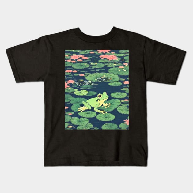 Vintage Cuban Tree Frog in the Lilypad Field Frog Lover Kids T-Shirt by Mochabonk